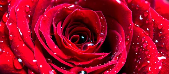 Papier Peint photo Lavable Roses Le milieu d& 39 une rose rouge avec des gouttes d& 39 eau sur les pétales, un gorizntal