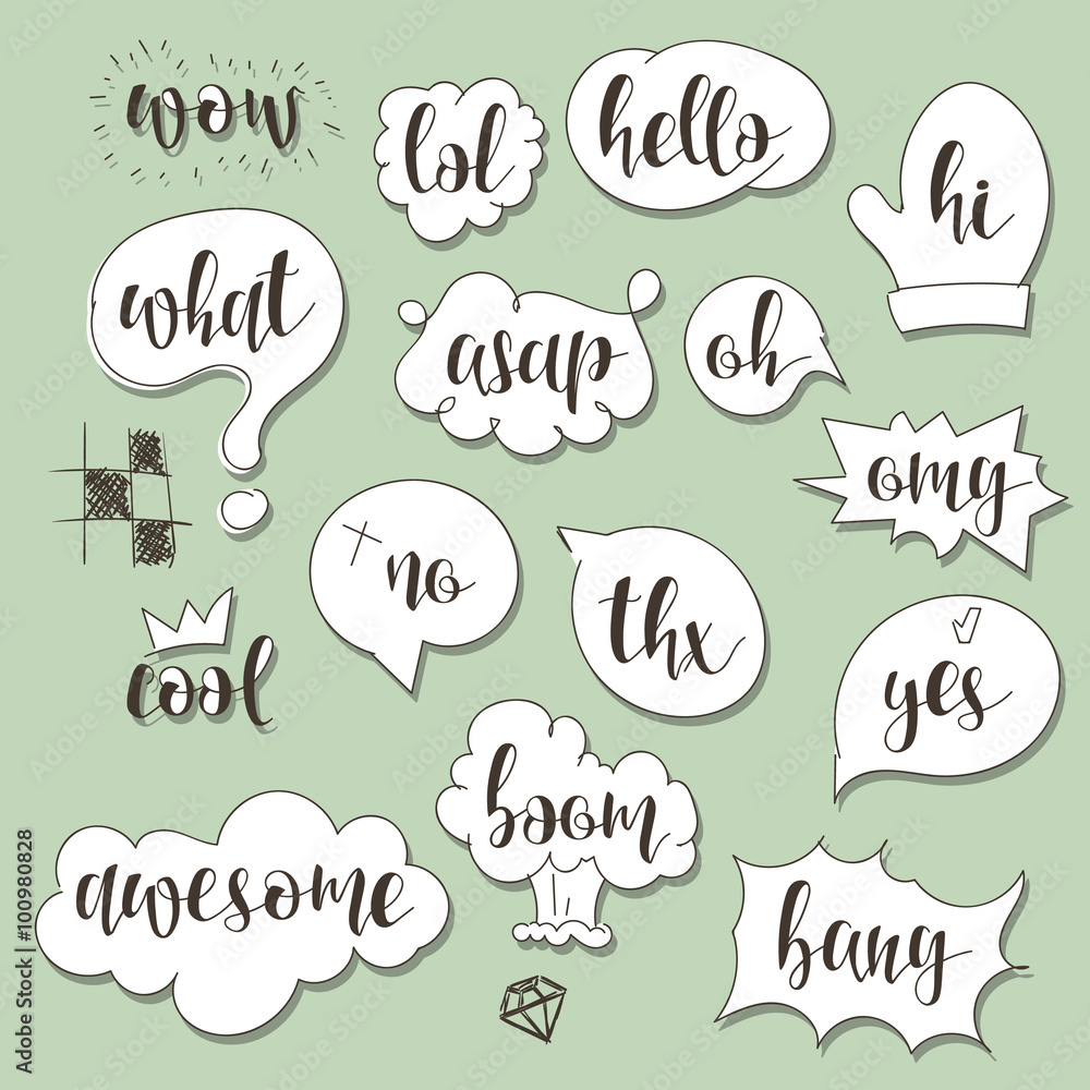 Aufkleber set dialog bubbles with calligraphic phrases in sketch style