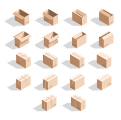 Set of 18 realistic isometric cardboard boxes with texture