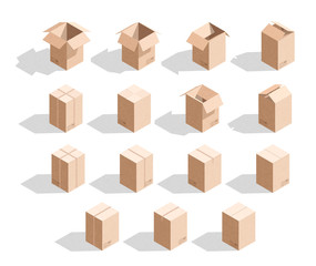 Set of 15 realistic isometric cardboard boxes with texture