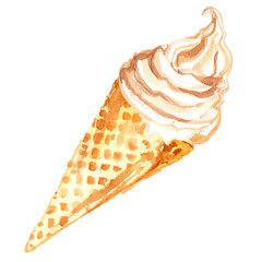 Ice cream cone painted with watercolors on white background. Waffle cone, cream and ice cream balls