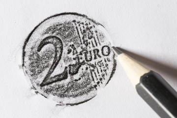 Pencil drawing 2 euro coin on white paper