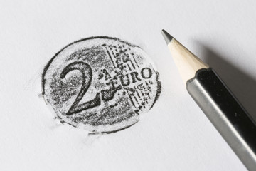 Pencil drawing 2 euro coin on white paper