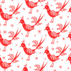 Obraz premium Seamless vector folk pattern. Vintage pattern with red birds on a white background.