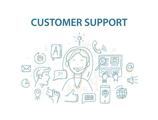 Doodle style vector illustration concept for customer support service