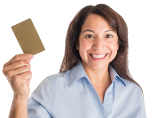 Photograph of a mixed-race woman smiling and displaying a blank credit or gift card.