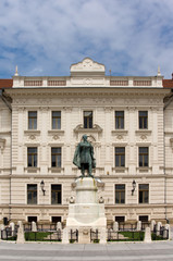 Statue of Lajos Kossuth in front of a governmental building in Pecs. Kossuth was Prime Minister and...
