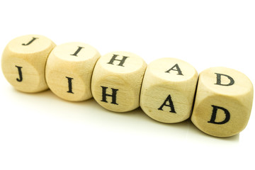 Jihad letter on wooden blocks against white background