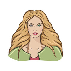 vector illustration of a beautiful young blonde girl looking at you on a white background
