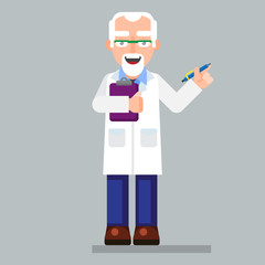  old scientist character wearing glasses and lab coat with pen