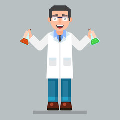  scientist character wearing glasses and lab coat with chemicals