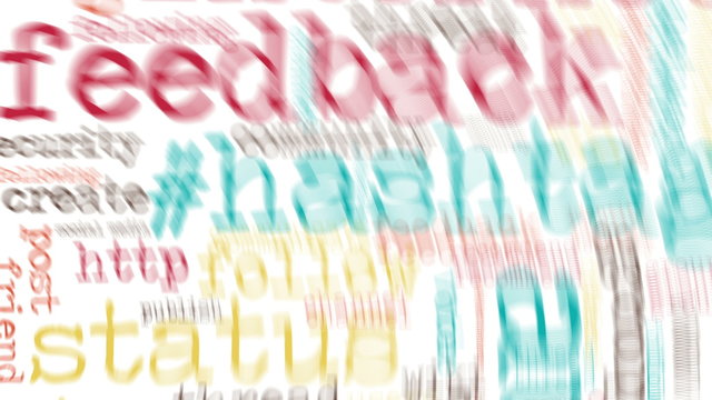 Animation of tag cloud containing words related to social media, marketing, blogs, social networks and Internet.