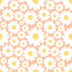 White daisies seamless pattern on a pink background.Daisy field