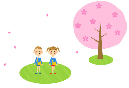 入園式イメージ　桜の木（保育園・幼稚園　男の子、女の子）