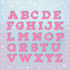 Pink romantic alphabet in retro style on blurred soft background with heart bokeh. Serenity and rose quartz color background. Valentine's day, wedding, love concept. EPS 10 vector illustration.