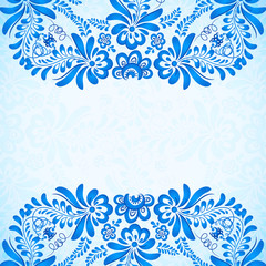 Fototapeta na wymiar Blue greeting card template with floral pattern in gzhel style