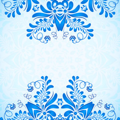 Fototapeta na wymiar Blue greeting card template with floral pattern in gzhel style