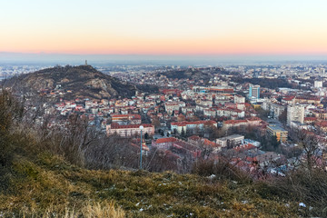 Twilight Landscape of city of Plovdiv from Dzhendem tepe hill, Bulgaria
