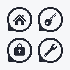 Home key icon. Wrench service tool symbol.