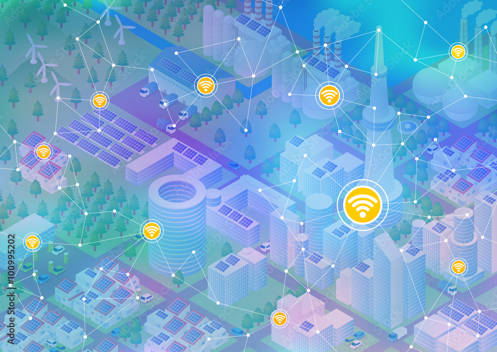 Poster internet of things(iot), city and buildings, sensor network, abstract image vector illustration
