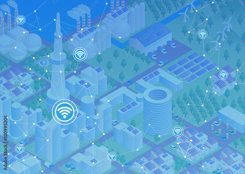 Aufkleber internet of things(iot), city and buildings, sensor network, abstract image vector illustration