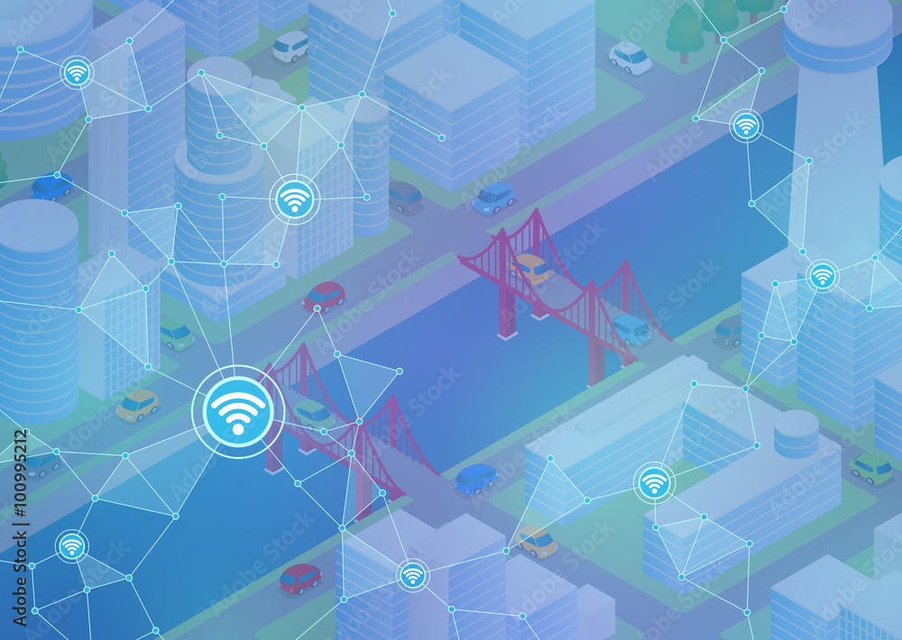Poster internet of things(iot), city and buildings, sensor network, abstract image vector illustration