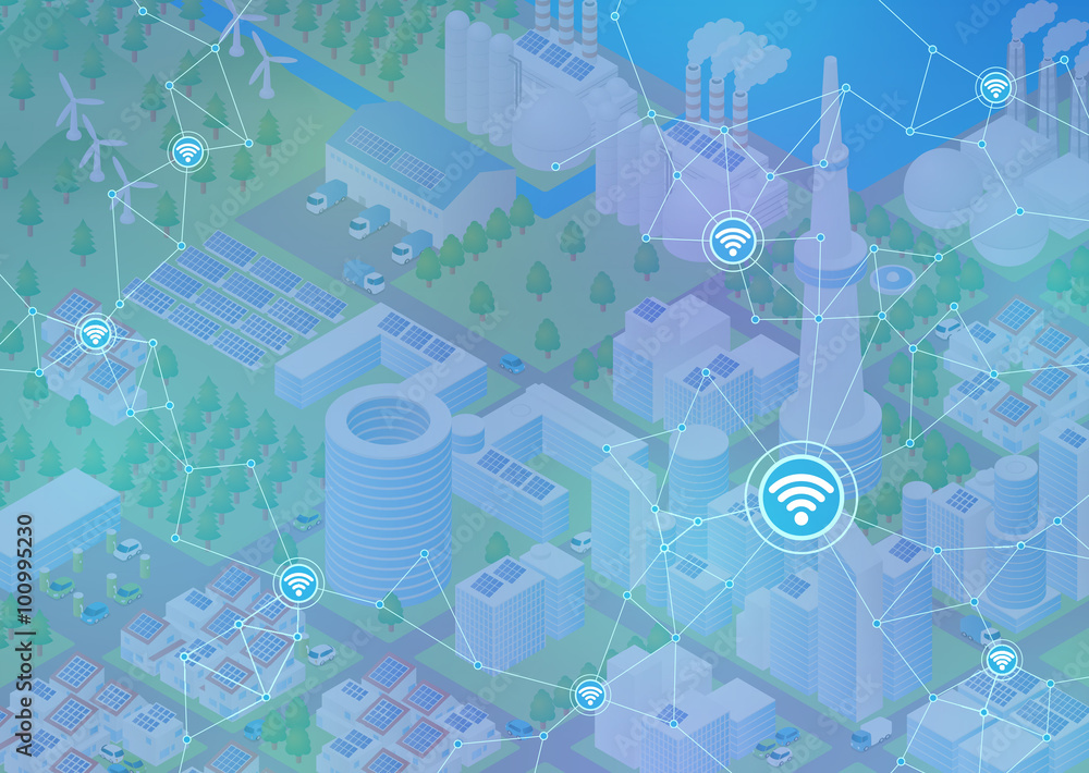 Poster internet of things(iot), city and buildings, sensor network, abstract image vector illustration
