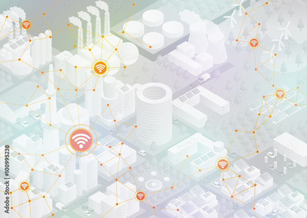 Poster internet of things(iot), city and buildings, sensor network, abstract image vector illustration
