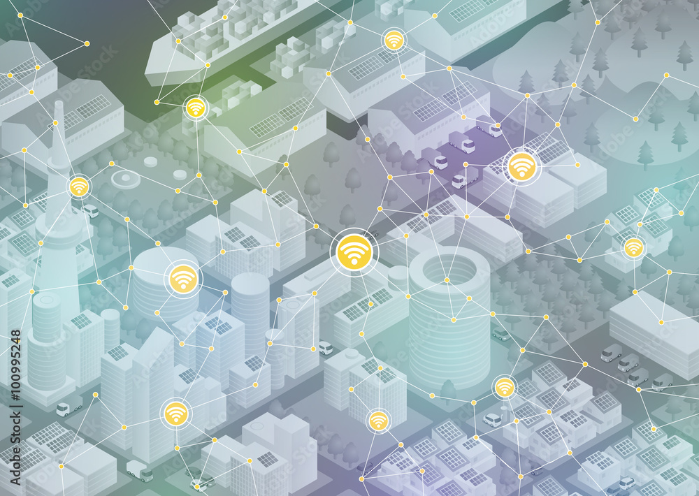 Aufkleber internet of things(iot), city and buildings, sensor network, abstract image vector illustration