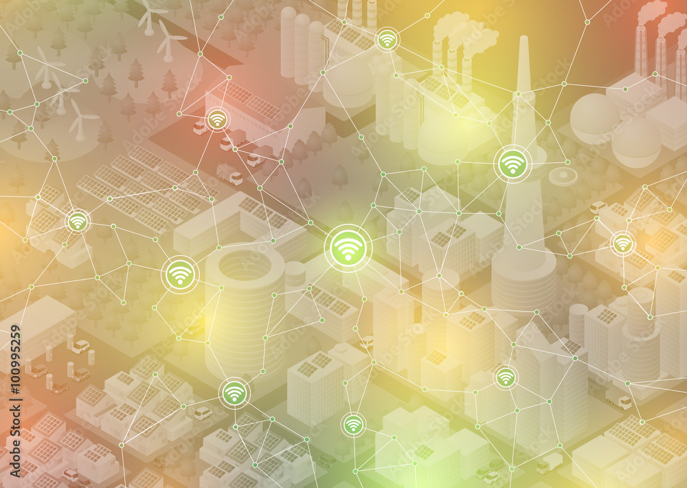Poster internet of things(iot), city and buildings, sensor network, abstract image vector illustration