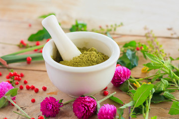 Fresh herbs powder in the mortar, alternative medicine