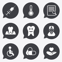 Medicine, medical health and diagnosis icons.