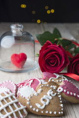 Festive cookies with hearts and roses for Valentine's Day.
