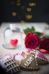 Festive cookies with hearts and roses for Valentine's Day.