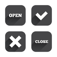 Open and Close icons. Check or Tick. Delete sign