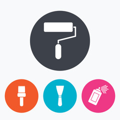 Paint roller, brush icon. Spray can and Spatula.