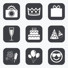 Party celebration, birthday icons. Fireworks.