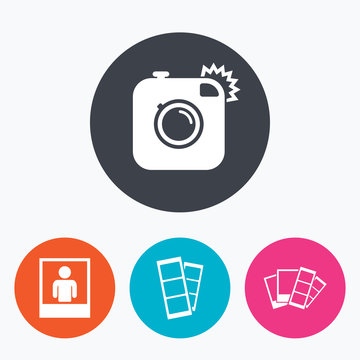 Photo camera icon. Flash light and selfie frame.