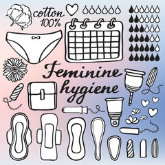 Feminine hygiene set. Hand-drawn cartoon collection of monthly period stuff. Doodle drawing. 
