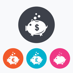 Piggy bank icons. Dollar, Euro, Pound moneybox.