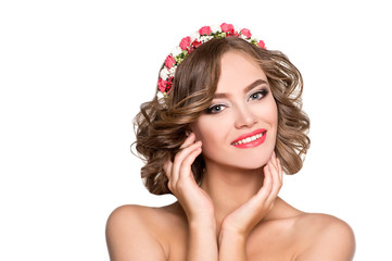 Happy woman. Beautiful woman with wreath of flowers.

