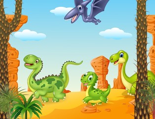 Collection dinosaur character in the prehistoric background