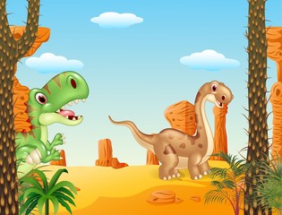 Cute dinosaur collection with prehistoric background
