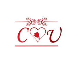 CU love initial with red heart and rose