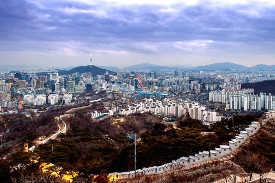 View of downtown cityscape and Seoul tower in Seoul, South Korea