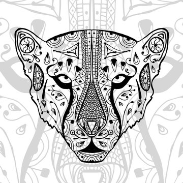 The black and white cheetah print with ethnic zentangle patterns. Coloring book for adults antistress. Art therapy, zenart, meditaion. The image on the fabric, tattoo