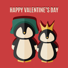 vector valentines's day card with illustration of two penguins in hat and crown
