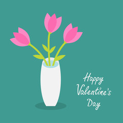 Happy Valentines Day. Love card. Bouquet of pink tulip flowers in a vase. Flat design.