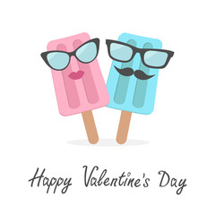 Happy Valentines Day. Love card. Ice cream couple with lips, mustaches and eyeglasses.