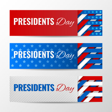 Set of modern vector horizontal banners, page headers with text for Presidents Day. Banners with stripes and stars in the colors of the American flag.
